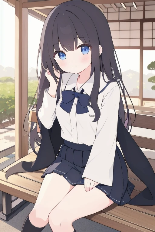  A Japanese  girl holding a black shawl with long hair ，Japanese  girl wearing short-sleeved school uniform. Girl sitting on park chair . HD.detail. High resolution .Sunlight.mini skirt.