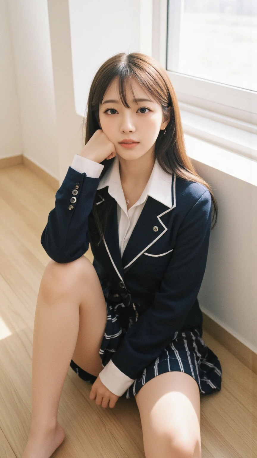 ulzzang-6500-v1.1, (raw photo:1.2), (photorealistic:1.4), beautiful detailed girl, very detailed eyes and face, beautiful detailed eyes, ridiculous, incredibly ridiculous, huge file size, super detailed, high resolution, very detailed, best quality, masterpiece, kemomimi, ((Japanese girls' high school uniform)), illustration, very detailed, CG, unified, 8k wallpaper, amazing, Fine details, masterpiece, best quality, very detailed CG uniform 8k wallpaper, face light, movie lighting, 1girl, 18 years old, (no panties)), (no panties)), (high heels), ((dynamic pose))), (camel toe), (half), (black pantyhose)), ((knee bent legs)), (super good-looking), (beautiful to the extreme)