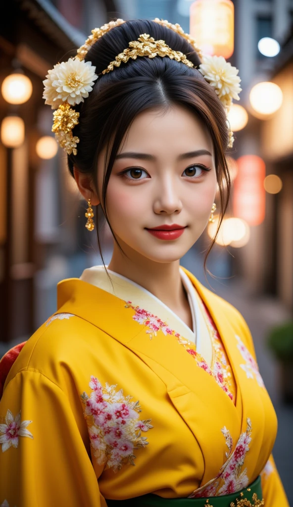 ( Very Pretty Cute Girl ), Standing front、Symmetrical、 long hair、smile、( very cute face:1.2),12, ( Sparkling Crystal Clear Attractive Big Eyes ),  beautiful eyes in every detail  ,  double eyelids with attention to detail, (smile), ( Realistic Pictures:1.2),Glamorous and shiny yellow geisha apprentice costume, Furusou Costume , Very Beautiful Japanese Kimono , Costume lighting,In town