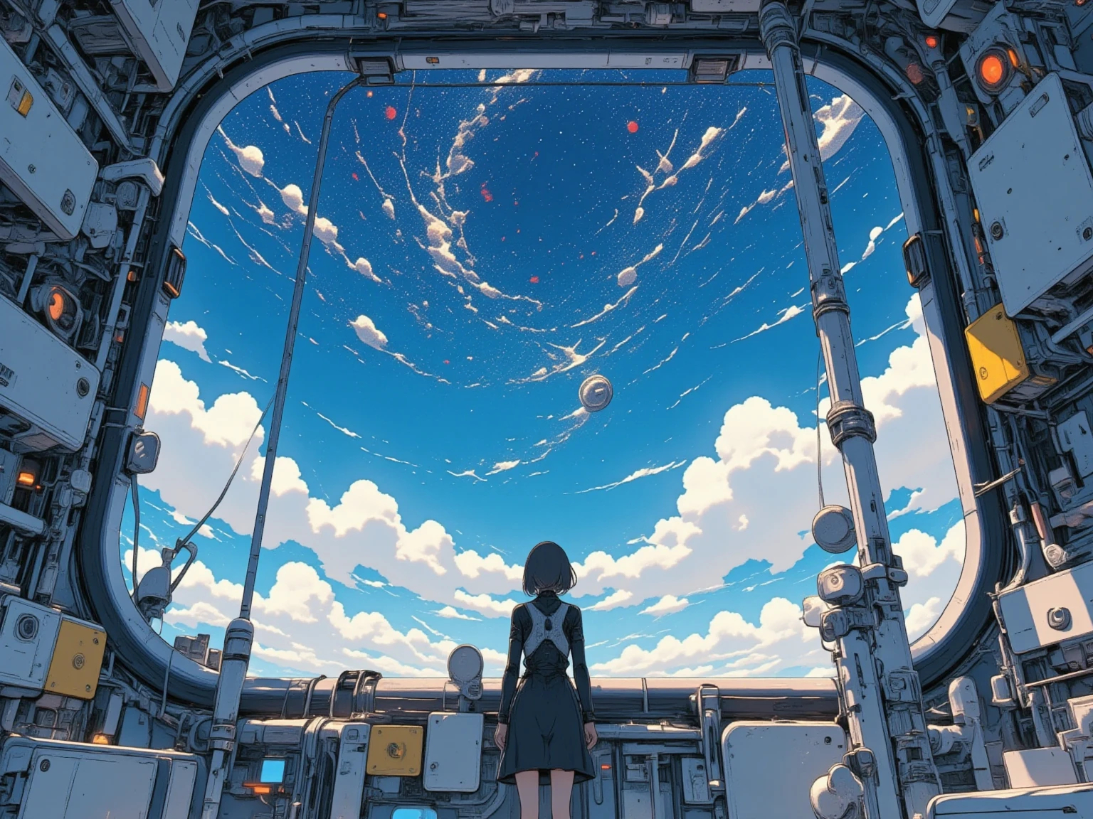 (masterpiece:1.3, highres:1.3), Space colony\Mobile Suit Gundam, 1girl & lady android\Viewing the universe from the window, Outer space, The universe outside the window:1.5, Stars:1.5, Outer space