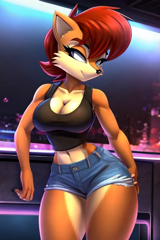 Sally acorn, busty, small waist, white tank top, black shorts, thighs, cleavage, denim vest opened