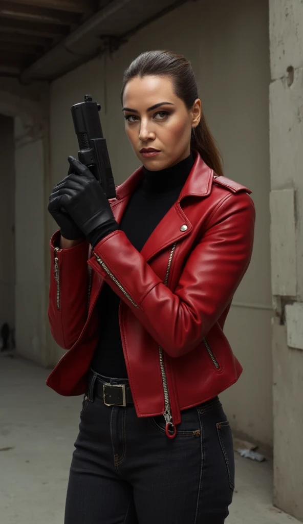 beautiful detailed photograph, confident female, serious determined expression, sleek red leather jacket, black turtleneck, tactical black gloves, dark jeans, belt, professional stylish aura, holds a modern black handgun with both hands, hair neatly tied back in a low ponytail, unfinished building background, neutral tone, cinematic, sharp details, dramatic lighting, w4rh4mm3r style oil painting