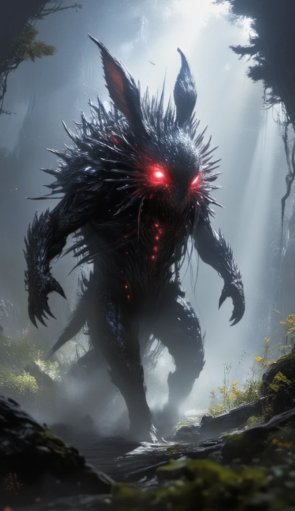 A terrifying yet awe-inspiring hybrid creature, combining features of a rabbit and a hedgehog, walking through the same lush forest. The hybrid has the muscular hind legs and sleek body of a rabbit, covered in a thick, dark coat with spines resembling a hedgehog’s quills running along its back. Its glowing red eyes pierce through the shadows, and its sharp claws leave deep marks on the soft, mossy ground as it moves. The creature's movements are fluid yet deliberate, exuding power and menace. The forest remains as a detailed, cinematic setting with shafts of light cutting through the dense canopy, casting ominous shadows that enhance the hybrid’s fearsome presence.