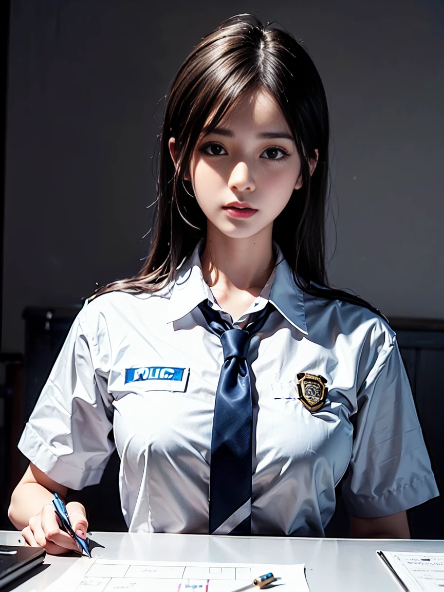 japanaese girl、Police Girl、perfect body type、Transparency、Transcendent Big、School Uniforms、Navy blue tie、Navy blue skirt、Light blue shirt、hposing Gravure Idol、waterside、Fancy makeup