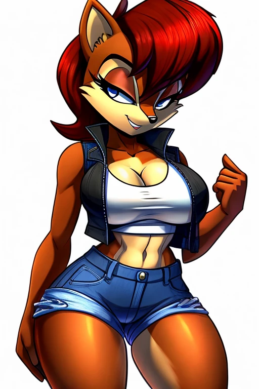 Masterpiece, high quality, studio quality, intricate details, 4k, 1girl, Sally Acorn, brown hair, purple bra, eyes open, blue eyes, big breasts, midriff