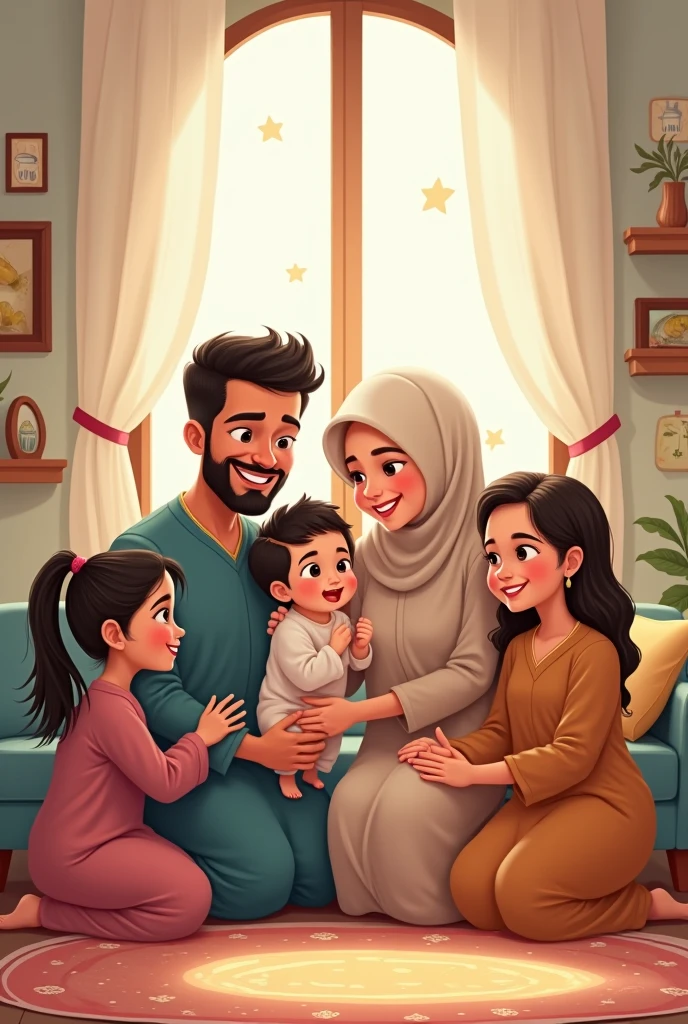 A cheerful and vibrant Indonesian family is gathered in a cozy living room. The father, 32 years old, with a short beard and glasses, sits with a warm smile. The mother, a 30-year-old woman wearing a hijab and glasses, is seated beside him, looking lovingly at their children. The eldest son, a 6-year-old boy, is playing with his 5-year-old brother, both full of energy and joy. The youngest, a 1-year-old girl wearing a small hijab, is in her mother's arms, giggling with delight. The room is bright, filled with natural light, and decorated with traditional Indonesian elements, creating a heartwarming atmosphere of familial love and happiness