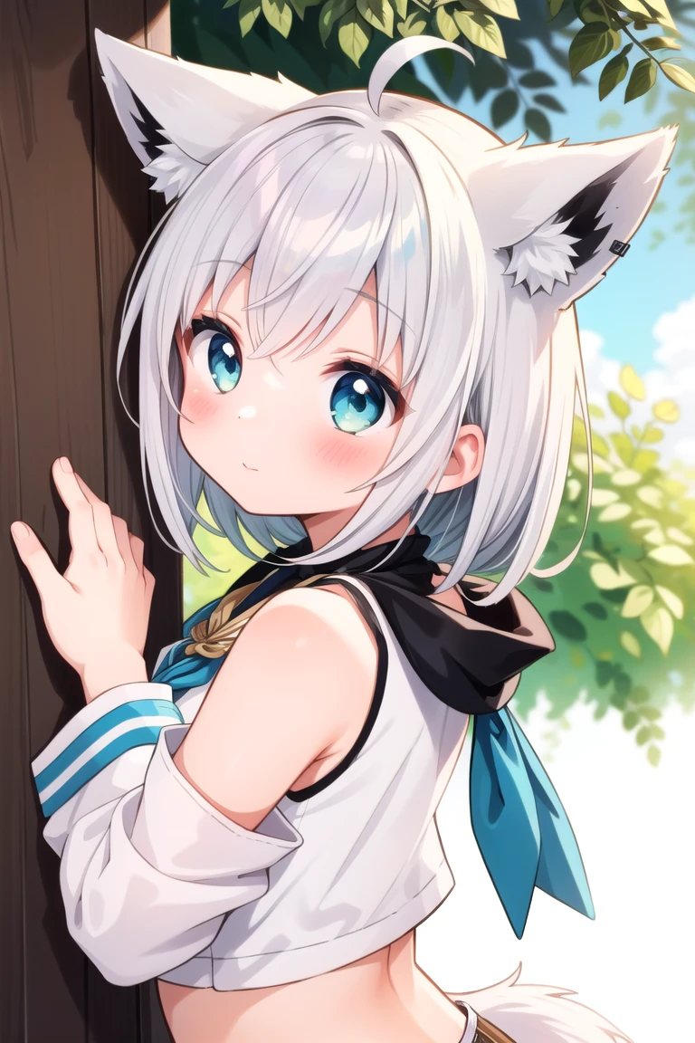 (Masterpiece,  top quality),   intricate details,
 One Girl ,      Gray Hair,  Single Side Blade,  ,  Foxtail ,  Blizzard Default,  white blouse, [midriff::12], Sleeveless,    blue neckerchief, 
   show me your upper body, From behind the tree,