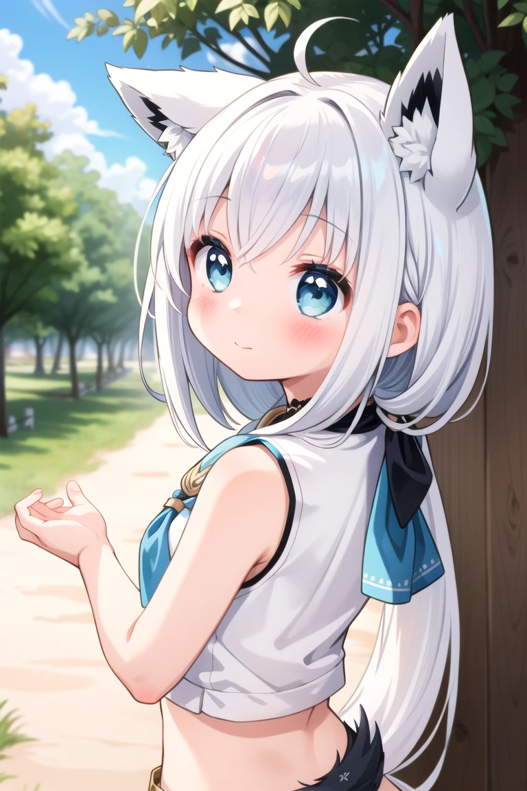 (Masterpiece,  top quality),   intricate details,
 One Girl ,      Gray Hair,  Single Side Blade,  ,  Foxtail ,  Blizzard Default,  white blouse, [midriff::12], Sleeveless,    blue neckerchief, 
   show me your upper body, From behind the tree,