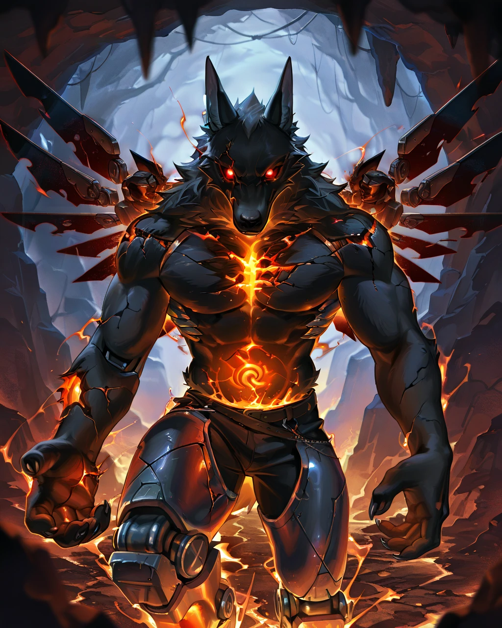 Best Quality, masterpiece, Ultra High Resolution, Detailed Background, (furry male), ( Black Cerberus furry ), 3 heads, horns, metalic body, demonic, underground cave scenery, red glowing eyes, two pair of eyes, Anubis, muscle, (cracked belly:1.2, cracked arms:1.2), cracked chest, solo, male, infernal runes, with black fur, steel ribs, mechanical body, armored legs, metal claws, 4 robotic wings, perfect proportion, good anatomy, perfect anatomy