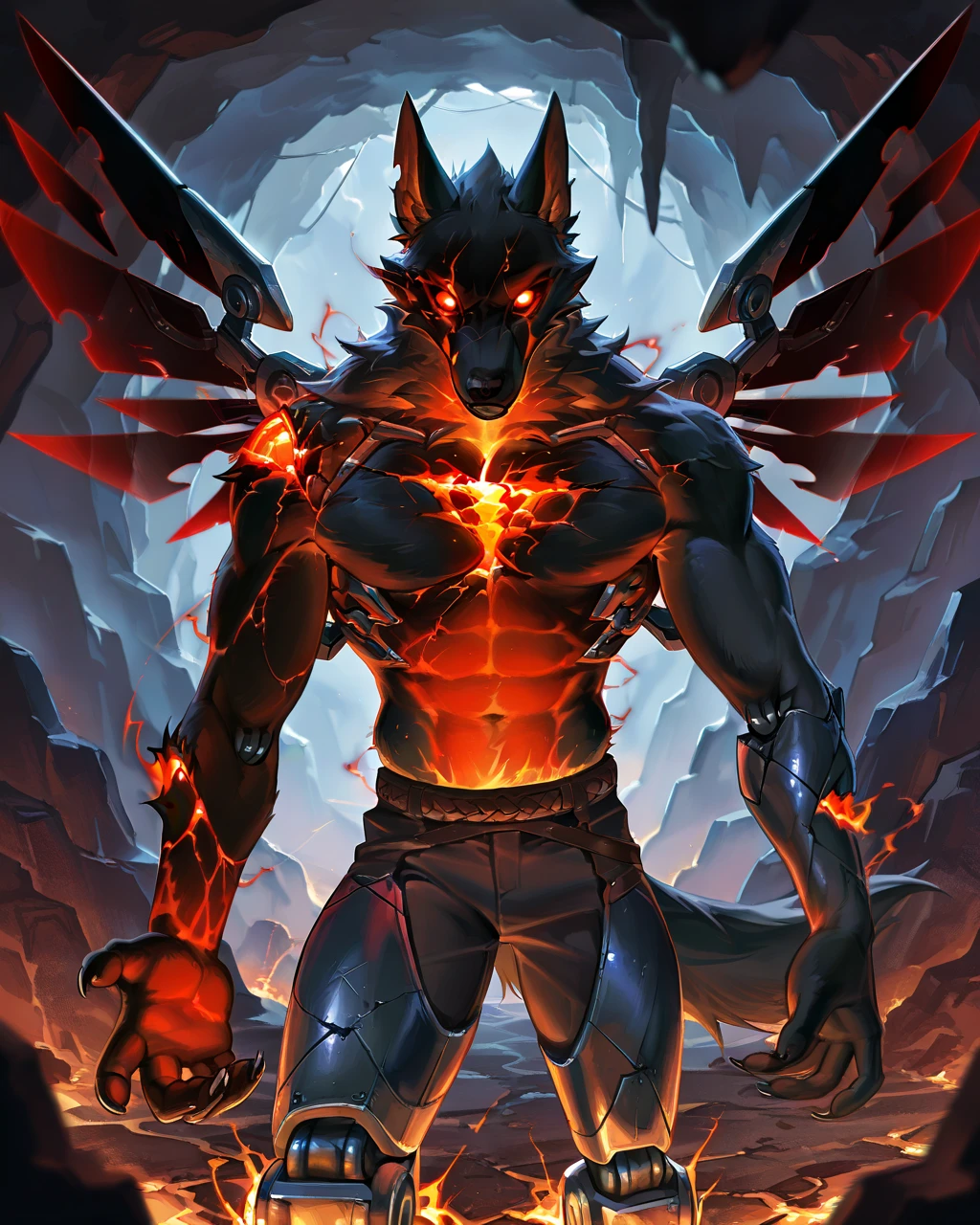 Best Quality, masterpiece, Ultra High Resolution, Detailed Background, (furry male), ( Black Cerberus furry ), 3 heads, horns, metalic body, demonic, underground cave scenery, red glowing eyes, two pair of eyes, Anubis, muscle, (cracked belly:1.2, cracked arms:1.2), cracked chest, solo, male, infernal runes, with black fur, steel ribs, mechanical body, armored legs, metal claws, 4 robotic wings, perfect proportion, good anatomy, perfect anatomy