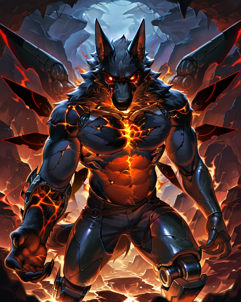 Best Quality, masterpiece, Ultra High Resolution, Detailed Background, (furry male), ( Black Cerberus furry ), 3 heads, horns, metalic body, demonic, underground cave scenery, red glowing eyes, two pair of eyes, Anubis, muscle, (cracked belly:1.2, cracked arms:1.2), cracked chest, solo, male, infernal runes, with black fur, steel ribs, mechanical body, armored legs, metal claws, 4 robotic wings, perfect proportion, good anatomy, perfect anatomy