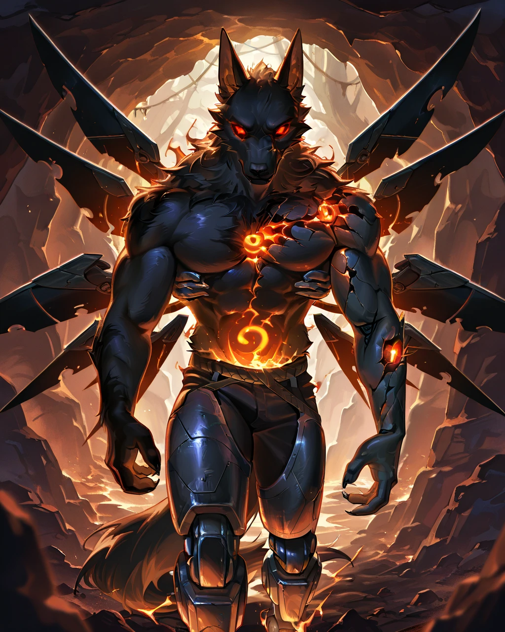 Best Quality, masterpiece, Ultra High Resolution, Detailed Background, (furry male), ( Black Cerberus furry ), 3 heads, horns, metalic body, demonic, underground cave scenery, red glowing eyes, two pair of eyes, Anubis, muscle, (cracked belly:1.2, cracked arms:1.2), cracked chest, solo, male, infernal runes, with black fur, steel ribs, mechanical body, armored legs, metal claws, 4 robotic wings, perfect proportion, good anatomy, perfect anatomy