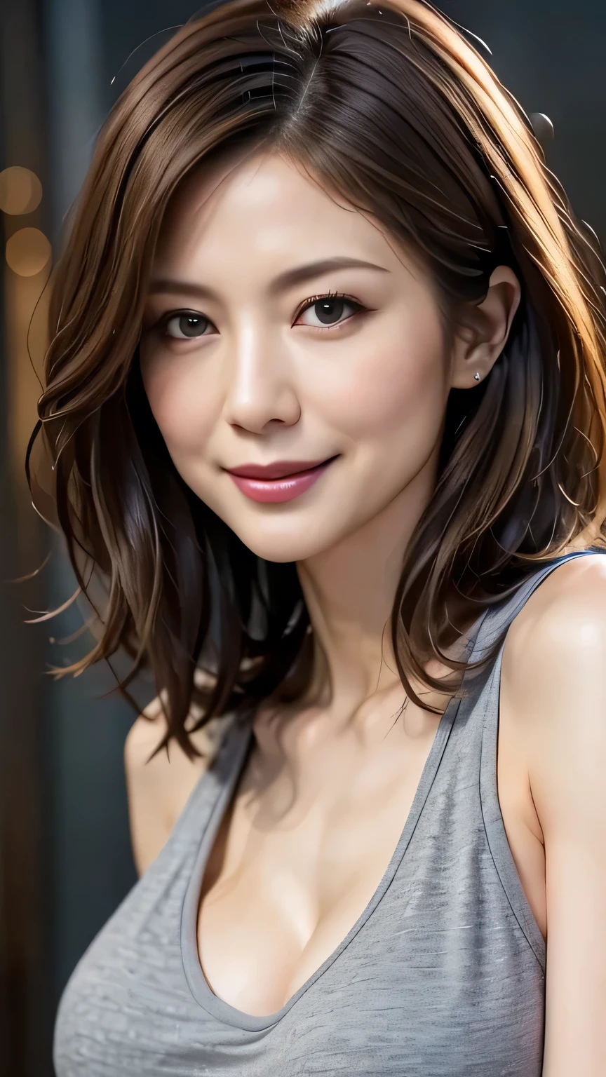 very detailed, Masterpiece , top quality, (( photorealistic:1.2)), (( Perfect Skinny Body :1.2))、Super skinny 40 year old woman , detailed face , beautiful detailed eyes 、(( Completely-valid)) 、((saggy saggy breasts )), ( slim, toned and beautiful body:1.3)、((light brown hair 、 disheveled wavy long hair:1.1、 commemorative photos)), graceful and sophisticated 、goddess、(( Chest to Head ))、((oversized grey shirt、 tank top))、((Dark city background))、(( Fresh Smile :1.2))、(( Professional Cool Lighting))、 、 from side