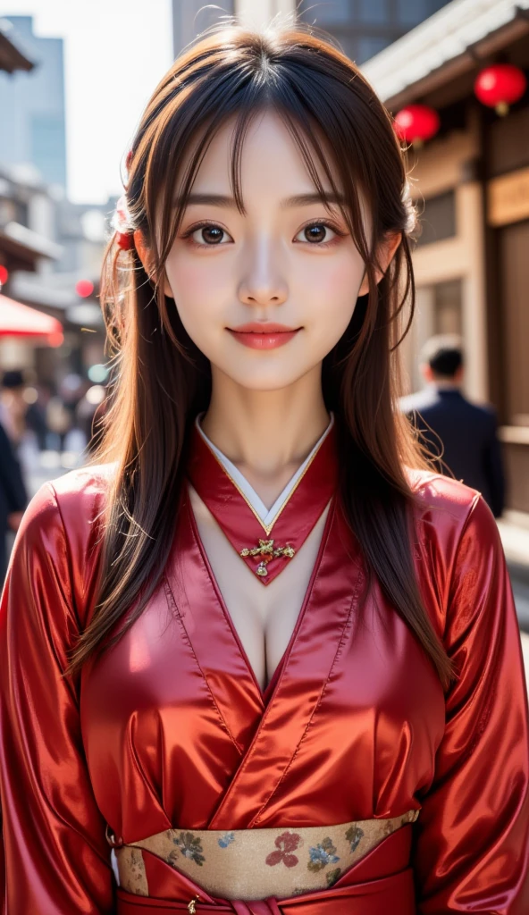 ( Very Pretty Cute Girl ), Standing full body in front 、Symmetrical、 long hair、smile、( very cute face:1.2),12, ( Sparkling Crystal Clear Attractive Big Eyes ),  beautiful eyes in every detail  ,  double eyelids with attention to detail, (smile), ( Realistic Pictures:1.2), glamorous and shiny red geisha apprentice costume, Furusou Costume , Very Beautiful Japanese Kimono , Costume lighting,In town