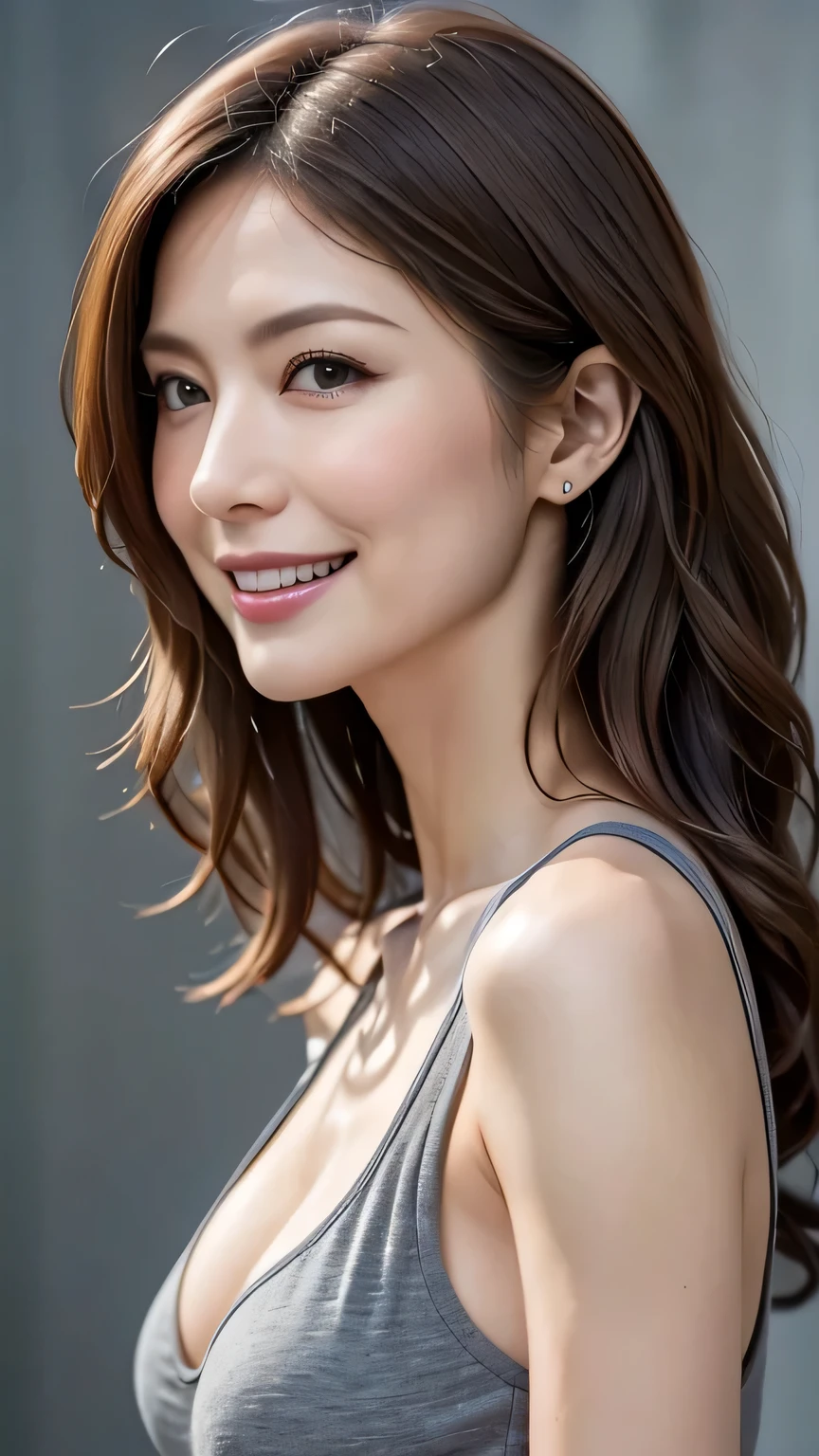 very detailed, Masterpiece , top quality, (( photorealistic:1.2)), (( Perfect Skinny Body :1.2))、Super skinny 40 year old woman , detailed face , beautiful detailed eyes 、(( Completely-valid)) 、((saggy saggy breasts )), ( slim, toned and beautiful body:1.3)、((light brown hair 、 disheveled wavy long hair:1.1、 commemorative photos)), graceful and sophisticated 、goddess、(( waist to head ))、((oversized grey shirt、 tank top))、((Dark city background))、(( Fresh Smile :1.2))、(( Professional Cool Lighting))、 、 from side