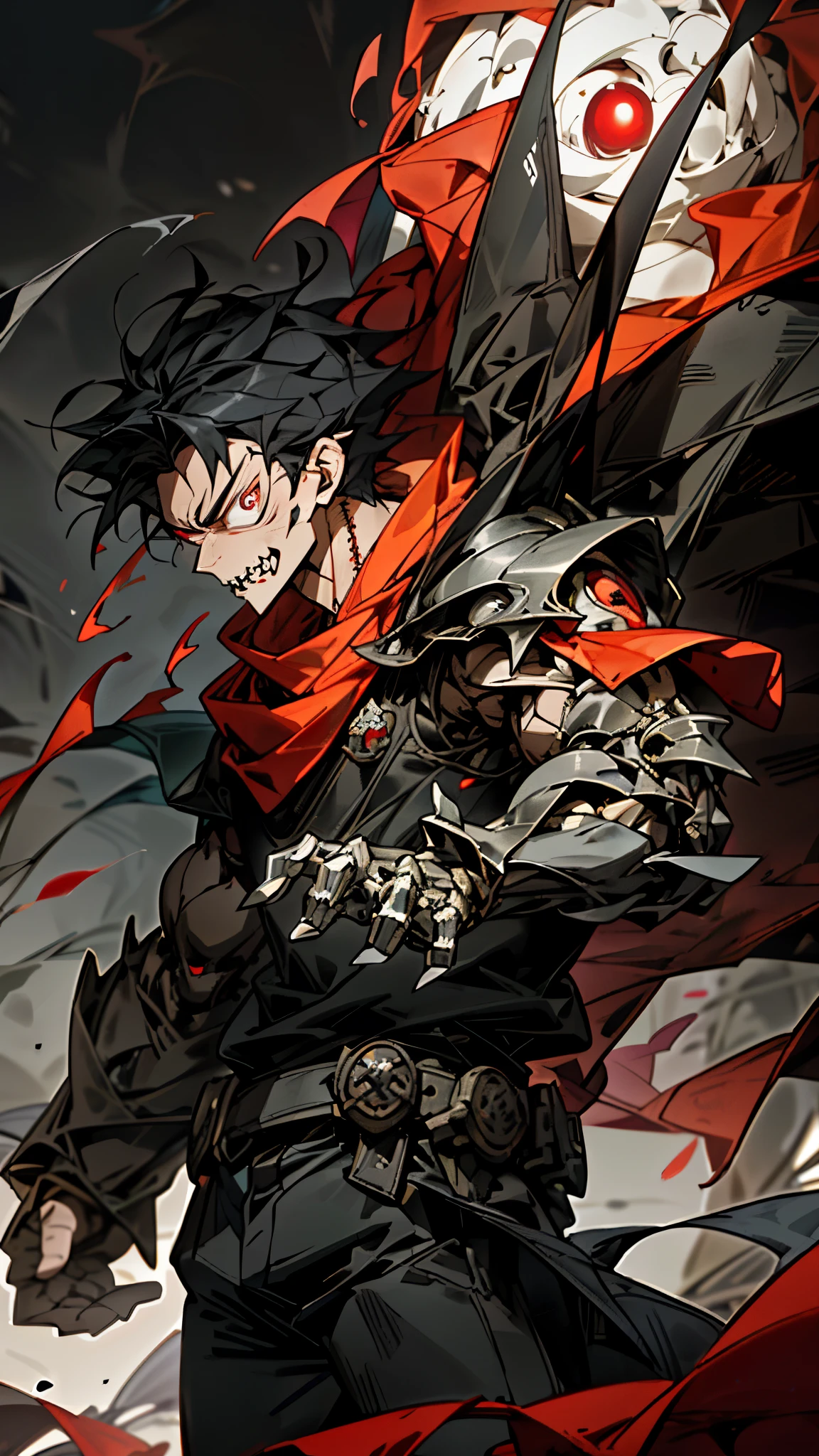 " heart of a dragon , a dark dragon with a thousand eyes wakes up , that ominous presence has an aura of fear The bright red orb on the . the devil may cry demon hunter , armed with his signature red orb , Standing in front of it , this amazing masterpiece . the robotic presence of the guardian of the machine 、 shines ominously under moody lighting , mechanical marvel of human strength . in the heart of midnight , rendered in the highest quality , the dark , snake-like shape and Demon Hunter's slim mechanical armor. Demon Hunter weapon that contrasts beautifully shows an attractive contrast between the 、 one boy,Kusakabe_Shinra , black hair, short hair, red eyes, keen teeth, Fire Force