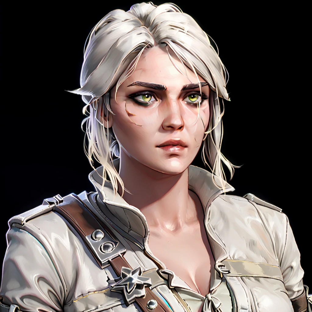 one woman, ciri, (green eyes:1.2), white hair, (upper body:1.3), (black background, clear background:1.5), (white military jacket:1.2), (studio lights, deep shadows:1.3), (big chest:1.2)