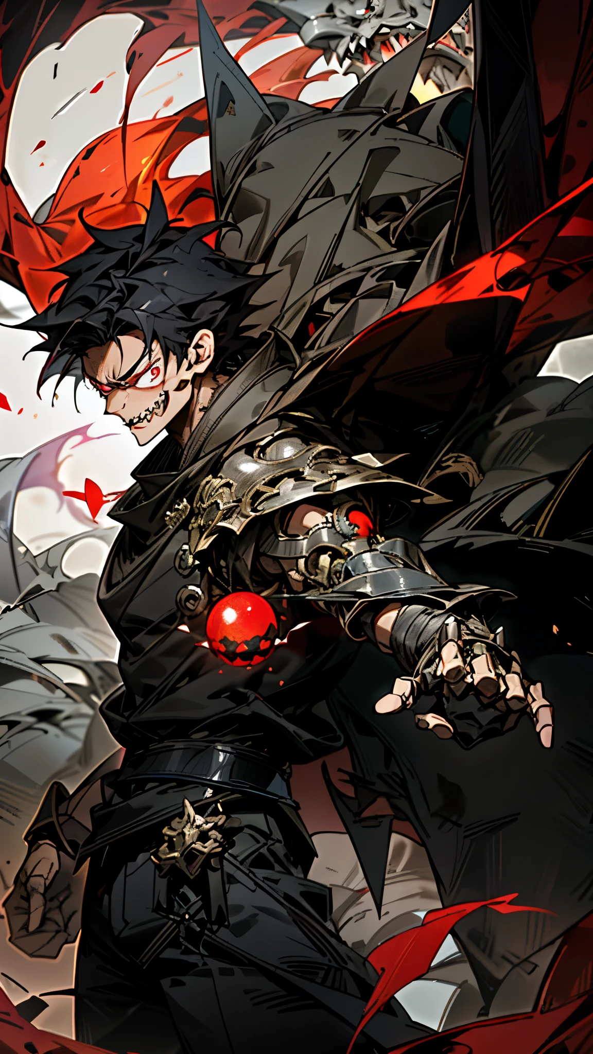 " heart of a dragon , a dark dragon with a thousand eyes wakes up , that ominous presence has an aura of fear The bright red orb on the . the devil may cry demon hunter , armed with his signature red orb , Standing in front of it , this amazing masterpiece . the robotic presence of the guardian of the machine 、 shines ominously under moody lighting , mechanical marvel of human strength .
in the heart of midnight , rendered in the highest quality , the dark , snake-like shape and Demon Hunter's slim mechanical armor. Demon Hunter weapon that contrasts beautifully shows an attractive contrast between the 、 one boy,Kusakabe_Shinra , black hair, short hair, red eyes, keen teeth, Fire Force