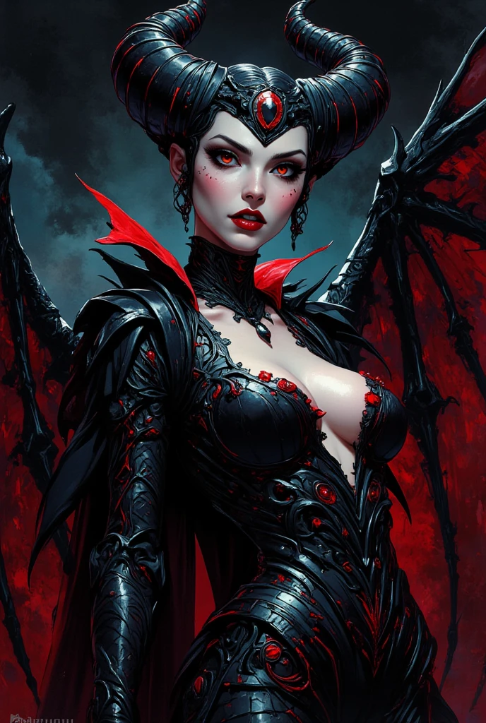 Very young girl, young girl, very young teen, Young lively teen girl undergoing a transformation into an evil demonic Vampire, female, long dark hair, pasty pale ghastly skin, red eyes, vampire fans, very long canine teeth becoming fangs, elegant flowing renaissance era black dress, Romanian, dark castle, nighttime, moonlight, dimly lit, horror, threatening to bite you, bearing her fangs, huge leathery bat wings, close, very close, Vampire bite scene, long black obsidian horns, red-tinged skin, massive breast expansion, huge breast implants