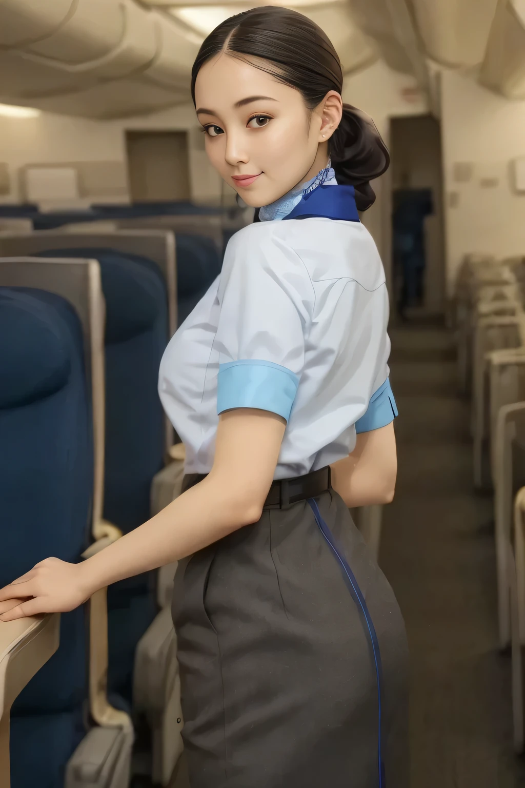 highest quality、8k、best image quality、Award-winning work), two beautiful women、1 women, radiant beautiful skin , masterpiece、top-quality、The ultra -The high-definition、depth of fields、lens flare 、brown hair, watching at viewers glares, medium breasts , cabin crew uniform, short skirt, (black high heels), perfect legs, model pose, view from below, smiling , flight cabin, pantyhose