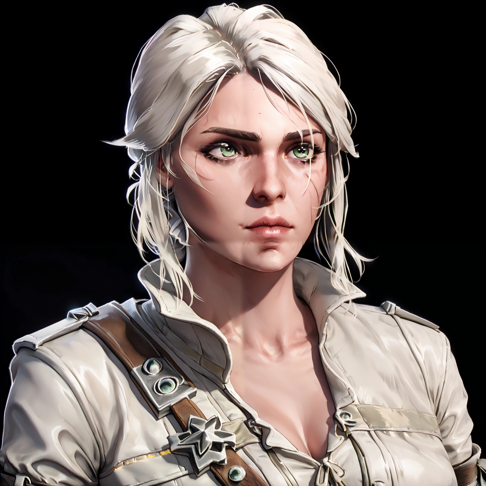 one woman, ciri, (green eyes:1.2), white hair, (upper body:1.3), (black background, clear background:1.5), (white military jacket:1.2), (studio lights, deep shadows:1.3), (big chest:1.2)