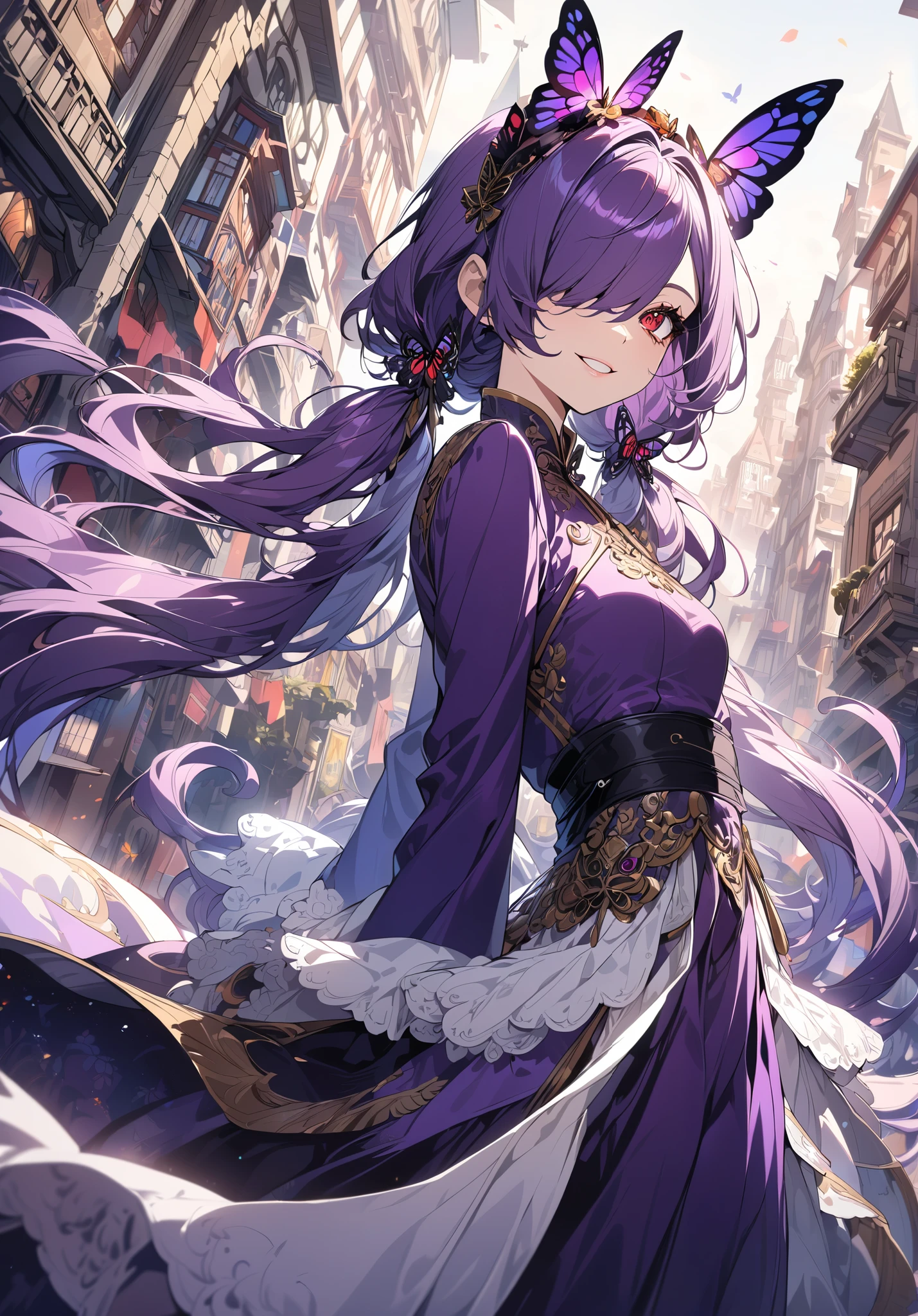 ( ultra high definition,  very detailed,  top quality),  anime style,  1 girl,  Fearless Smile , deep purple hair, (( low twin tails)), Hair on one eye, Butterfly Hair Ornament,   beautiful eyes in every detail  ,  red eyes,  Slanted Eyes , Beautiful lips details,  very detailed顔,  Beautiful skin,  small,  Graceful Posture,  bright color,   complex background ,   city of Heidelberg in the background,  dreamy atmosphere , ((Deep purple blue sea bream  )),   White Gloves, White teeth,  petite figure,  flat chest,  upper body