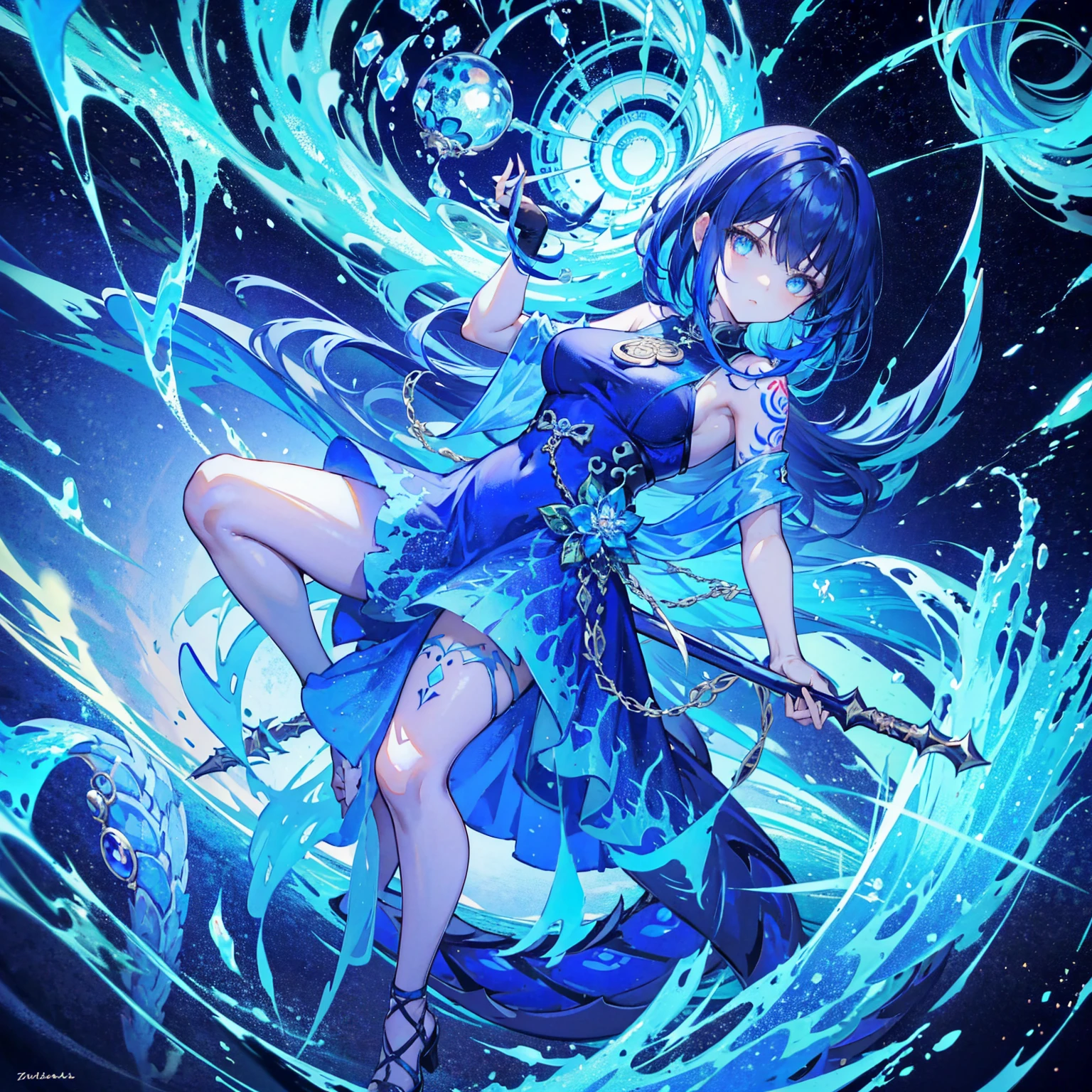 A bright blue haired dragon girl stands looking at a mysterious deep blue water column, wearing a blue dress with a mosaic pattern of a shining Asian dragon, revealing a tattoo carved on her back, surrounded by a dark cave with many shining blue crystals, magical, with many details.