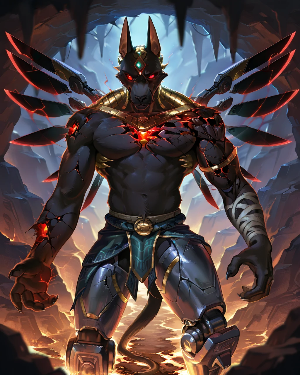 Best Quality, masterpiece, Ultra High Resolution, Detailed Background, (furry male), (Nasus), 3 heads, horns, metalic body, demonic, underground cave scenery, red glowing eyes, two pair of eyes, Anubis, muscle, (cracked belly:1.2, cracked arms:1.2), cracked chest, solo, male, infernal runes, with black fur, steel ribs, mechanical body, armored legs, metal claws, 4 robotic wings, perfect proportion, good anatomy, perfect anatomy