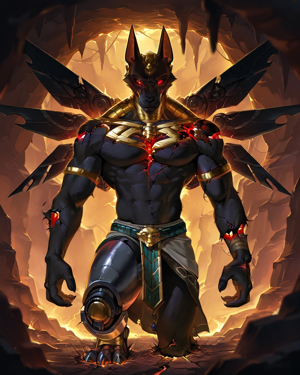 Best Quality, masterpiece, Ultra High Resolution, Detailed Background, (furry male), (Nasus), 3 heads, horns, metalic body, demonic, underground cave scenery, red glowing eyes, two pair of eyes, Anubis, muscle, (cracked belly:1.2, cracked arms:1.2), cracked chest, solo, male, infernal runes, with black fur, steel ribs, mechanical body, armored legs, metal claws, 4 robotic wings, perfect proportion, good anatomy, perfect anatomy