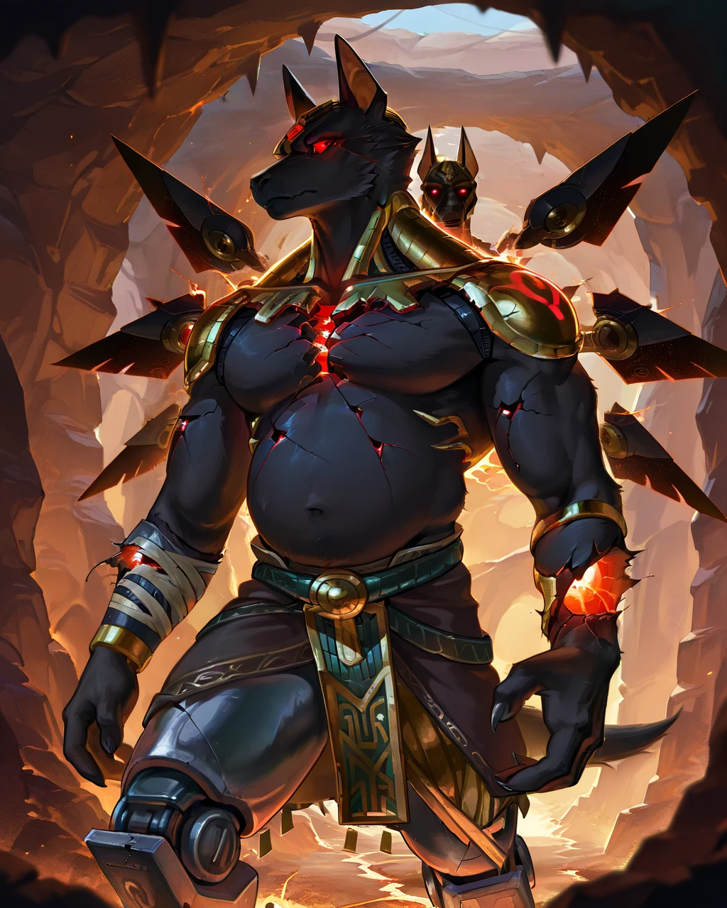 Best Quality, masterpiece, Ultra High Resolution, Detailed Background, (furry male), (Nasus), 3 heads, horns, metalic body, demonic, underground cave scenery, red glowing eyes, two pair of eyes, Anubis, muscle, (cracked belly:1.2, cracked arms:1.2), cracked chest, solo, male, infernal runes, with black fur, steel ribs, mechanical body, armored legs, metal claws, 4 robotic wings, perfect proportion, good anatomy, perfect anatomy