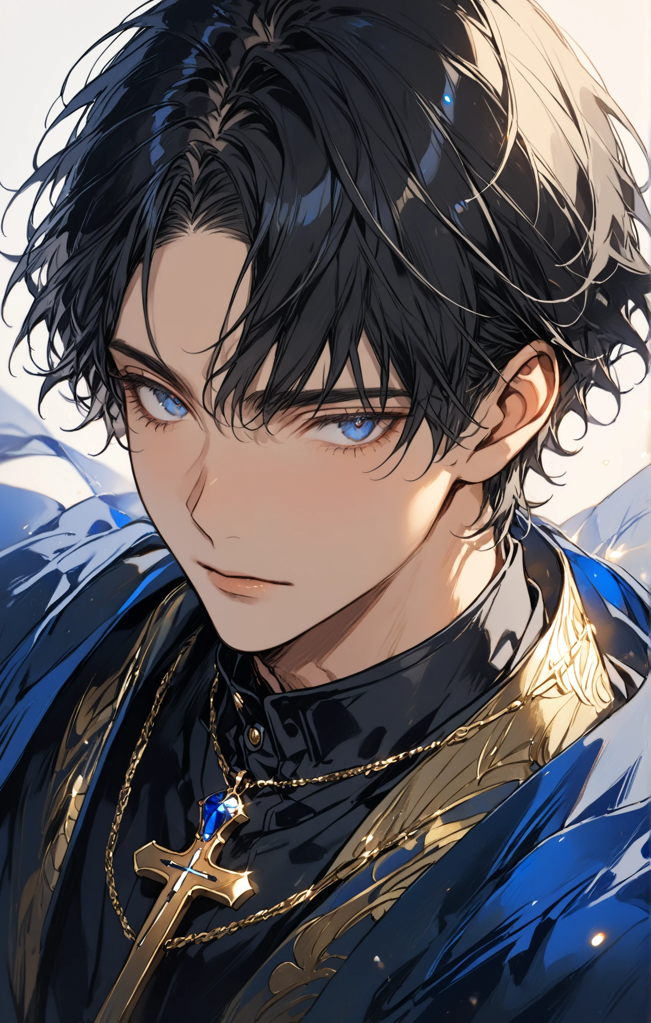 1 man, handsome, Solo, Short Hair, Black Hair, Close-Up, dark blue eyes, wear formal robes with gold and blue accents, and have a cross-shaped necklace adorned with blue gems. 