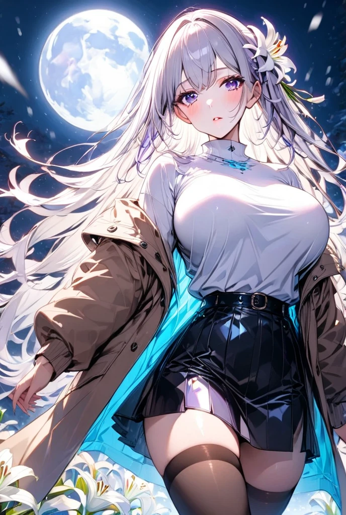 parte maestra, alto, alto quality, cara detallada, cuerpo detallado, cuerpo completo, Cuerpo delgado, desnudo, 1 chica, solo, hinata hyuuga, pelo azul, ojos blancos, desnudo shoulders, pechos grandes, collar, pulsera, adorno para el pelo, de pie, feliz, se sonroja, manos en el propio pecho, noche, espacio, nebulosa, Luna y estrellas, galaxia,