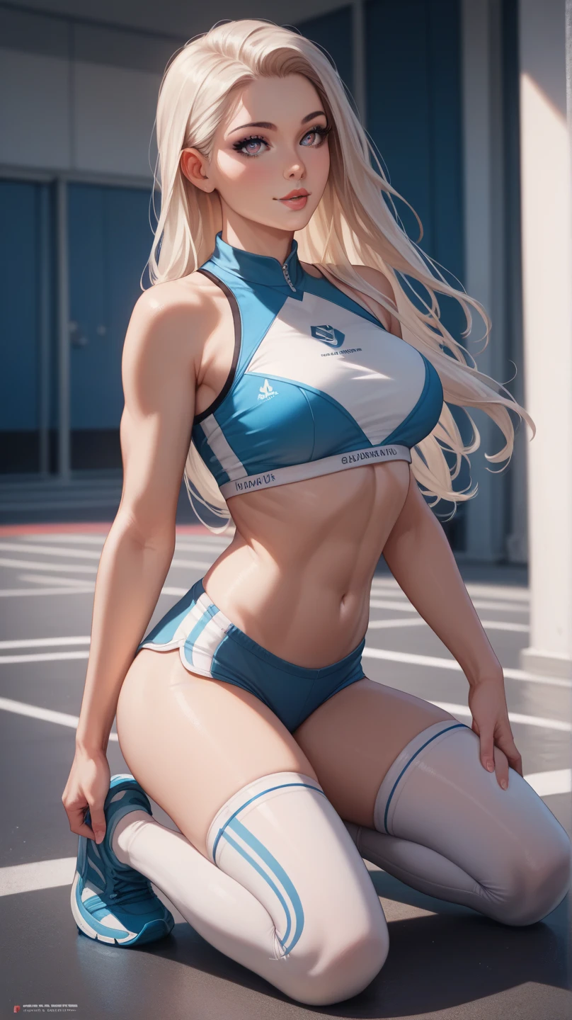 25-year-old Caucasian woman、platinum-blonde、blue eyess、Longhaire、My hair is wavy、accessories on the wrist、wearing a choker、Shiny skin、a smile、The navel is out、My abs are cracked、slim muscular body、I don&#39;t want my head to disappear from the screen.、I&#39;m in a back alley in the downtown area、She is wearing a T-shirt with a logo on it that shows her underboob.、Wearing a jacket、I&#39;m wearing low-rise leggings、Hands on hips、I&#39;m punching my chest、wearing sports shoes、a smile
