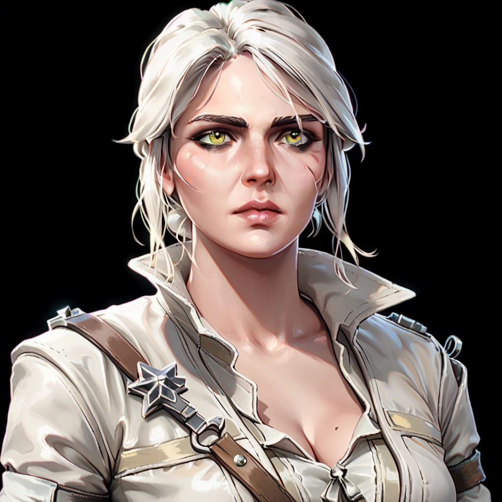 one woman, ciri, (green eyes:1.2), white hair, (upper body:1.3), (black background, clear background:1.5), (white military jacket:1.2), (studio lights, deep shadows:1.3), (big chest:1.2)