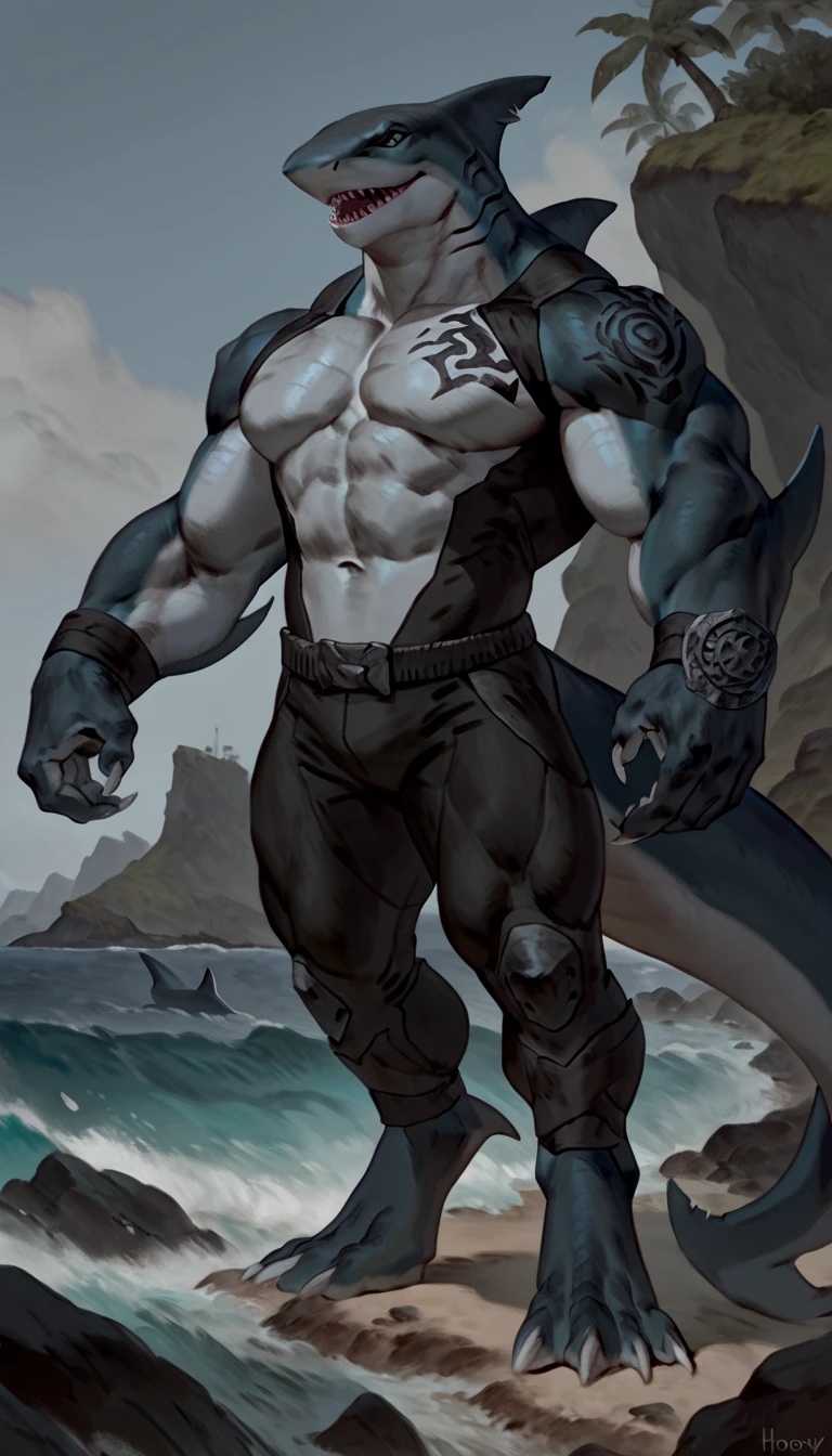 sharkman, anthro megalodon, hunk, black and blue hands and fins, black back, solo, big arms, bara, detailed smooth skin, lizard shark hybrid, anthro, closed mouth, predatory grin, detailed scales, muscular, thick legs, proporcional body, wide chest, trapezoid body type, marked jaw, thick shark tail, armless bodysuit, best quality, 4k, ultra-detailed, by Buta99, by honovy, detailed illustration of 4K horror, island beach scenery, wearing pants, tribal shark tattoos on the body, standing near water