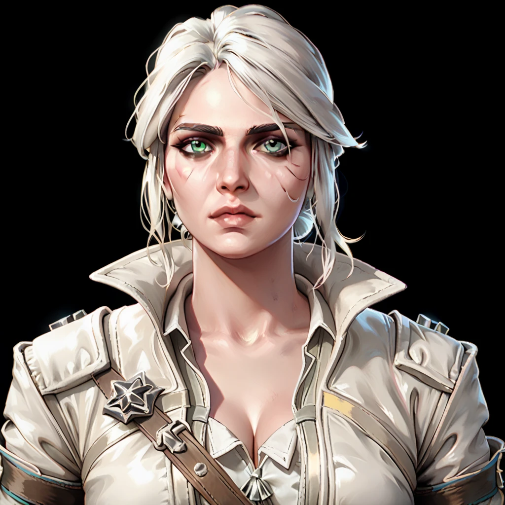 one woman, ciri, (green eyes:1.2), white hair, (upper body:1.3), (black background, clear background:1.5), (white military jacket:1.2), (studio lights, deep shadows:1.3), (big chest:1.2)