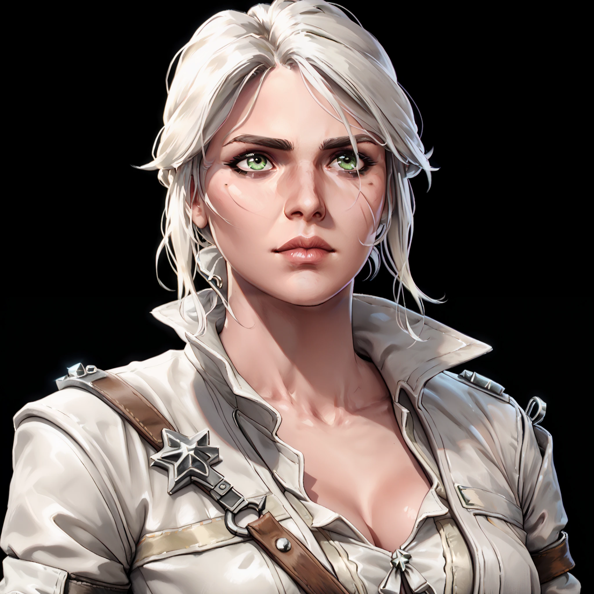 one woman, ciri, (green eyes:1.2), white hair, (upper body:1.3), (black background, clear background:1.5), (white military jacket:1.2), (studio lights, deep shadows:1.3), (big chest:1.2)