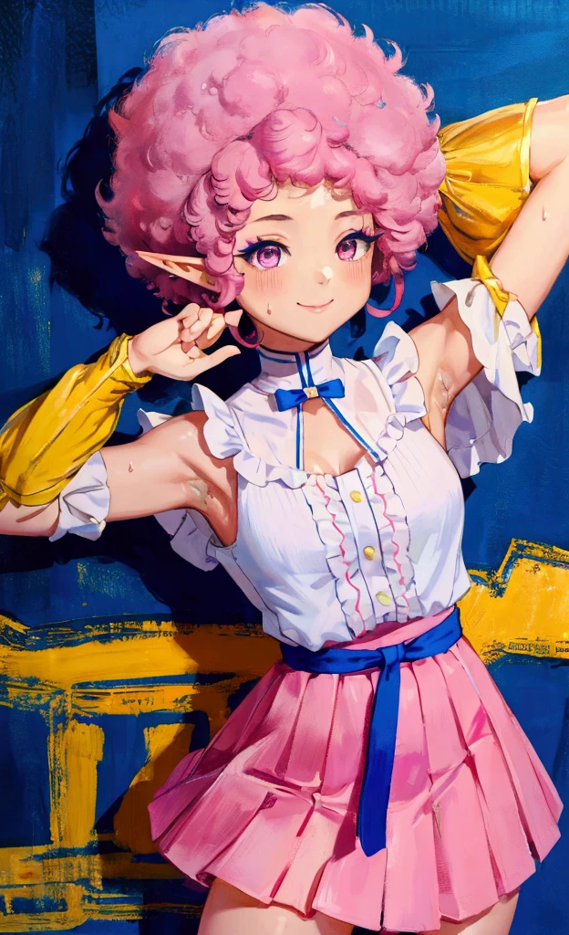 oil painting, Like a game cover、background（Skillfully expressing the effects of light and shadow、 raise your hands to show your sweaty armpits 、Blue and yellow contrast ）、 pose（モデル pose）、 characters（ pointed ears、Elf、 pink eyes、ラフなclothing、 long lashes,　 gal makeup、smile、Sunburn、Mr.々Expression）、Hairstyle（ pink hair、Afro、Afro、Afro）、clothing（ white shirt with light blue ruffle skirt）、item（Decorated smartphone ）、scene（whole body）