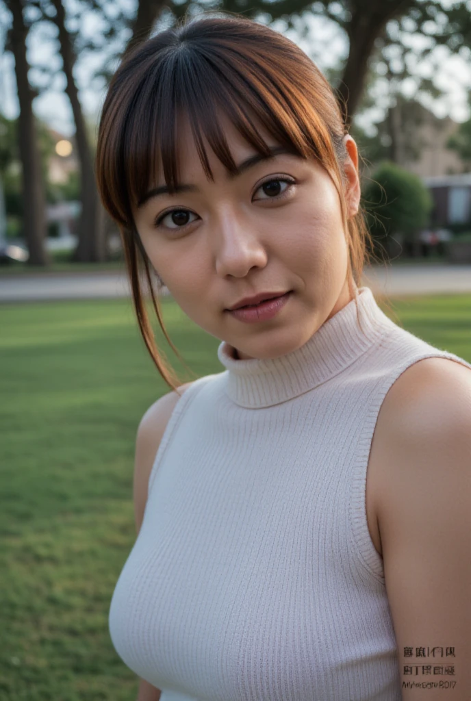 (Outdoor portrait focusing from the chest upward), (1 woman), (Beautiful Japanese mature woman), (Facial features resembling those of a White woman:0.5), (Gorgeous and erotic smile:1.5), (Big smile:1.3), (Confident posture with chest forward), 1hand behind head, thick arms, (Plus size model), (Direct provocative gaze into the camera), (sleeveless turtleneck sweater dress), sleeveless knitted tuetleneck sweater, (Standing outdoors in a simple grassy park setting with a strongly blurred background), (Soft natural lighting), (Photorealistic rendering), breasts dynamic focus, (Extremely detailed and realistic facial and skin textures), (Shallow depth of field), (High resolution), (Masterpiece).