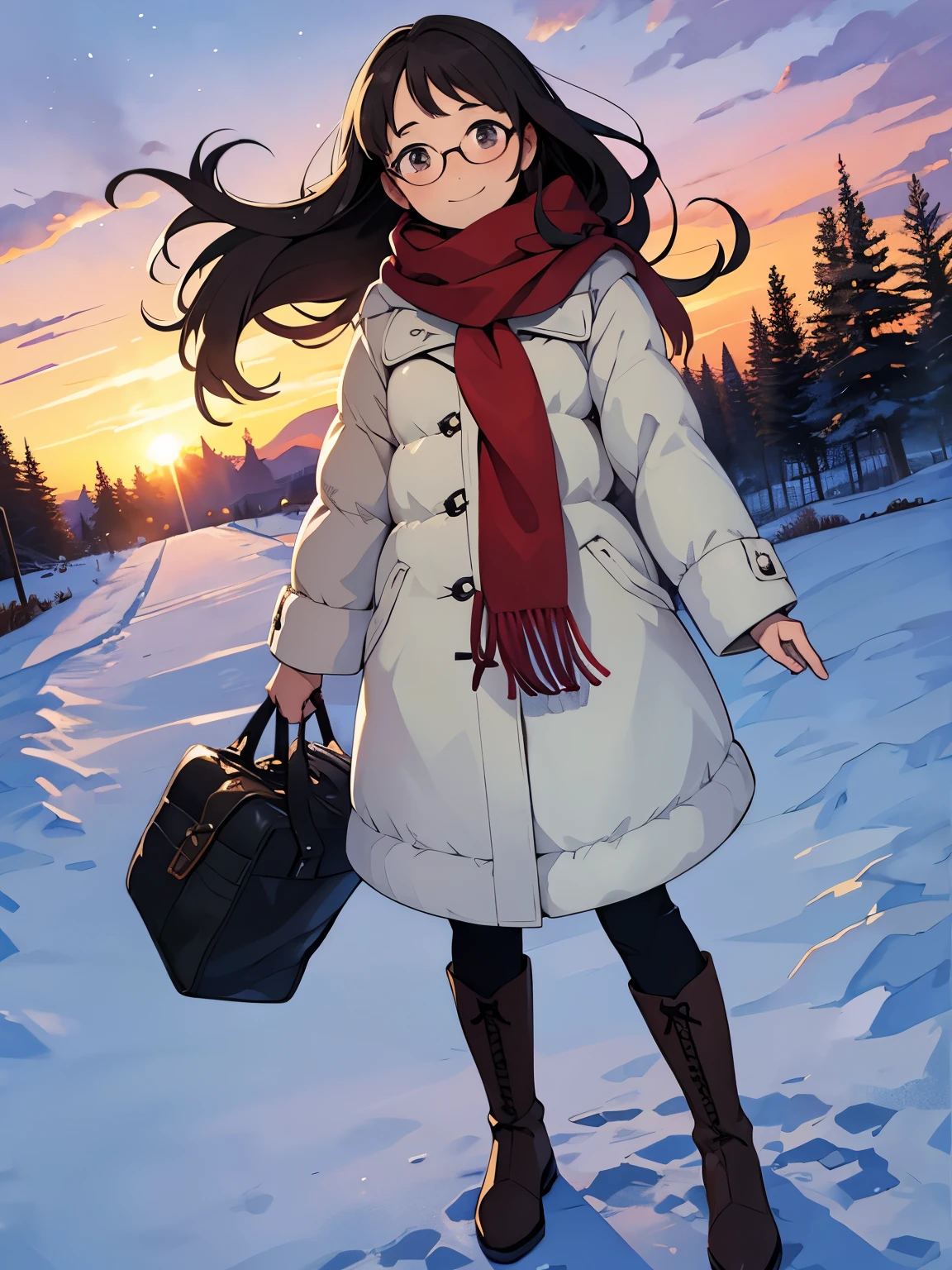   Masterpiece ， top quality， HD，( Super Flats ， flat shading)，Glasses，beautiful dark hair， fisheye lens， beautiful young mother and adorable daughter，     warm scarf  ， (naked)， long hair，    boots, smile, smile，  White Breath，fun, play，Winter park garden ， Snow Scenery ，Autumn sky，At dusk， Beautiful Sunset ，Wide angle， bright color，watercolor,    Ghibli style，Strong winds，Girl Temptation，