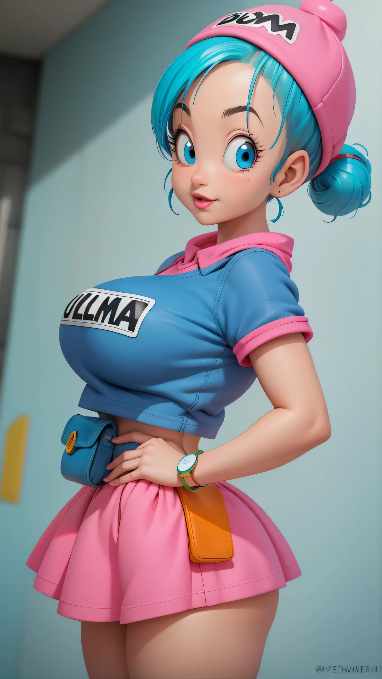 Bulma from dragon ball, Big breasts, 1 girl, wearing a cap ((25 years old girl)) beautiful eyes, has an extremely sexy body, with full breasts and thin waist, and an extremely sexy body, in the HIP HOP style short denim jacket medium skirt delicate fabric, has a bold appearance. young, quality, realistic, best quality, cute expression, blue lipstick lips, separated lips, tilted, graffiti wall,