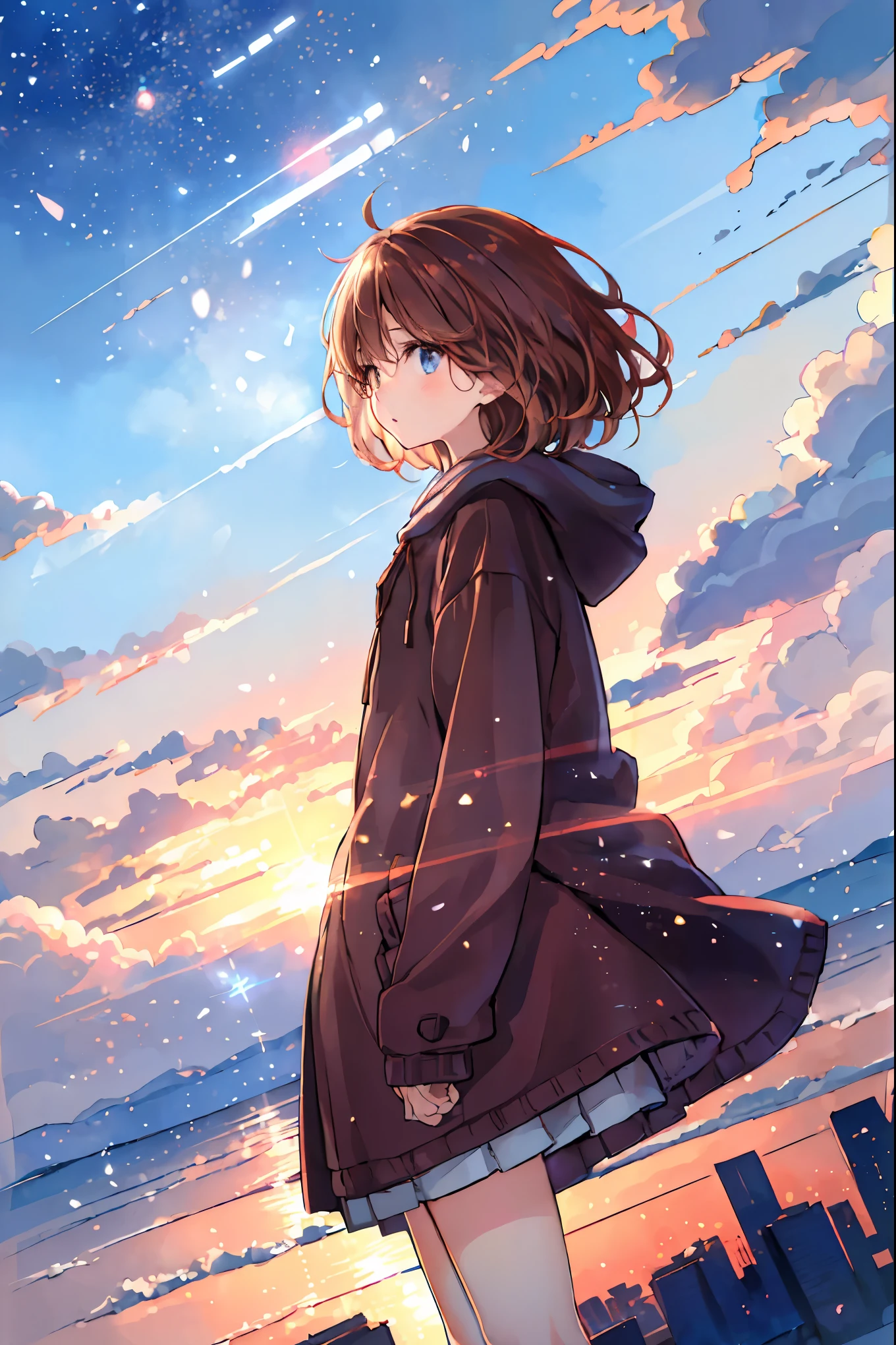 Winter clothes、Red coat、Bare legs、(     top quality ,Masterpiece:1.3,     Ultra-fine ),(      very detailed,      caustics,8k),(      realistic :1.4,RAW shooting),18 years old,      Japanese      ,      cute,  カメラを見て笑faceで   ,(     face    :1.2),(     faceクローズアップ  :1.2),(Low position:1.3),(      low angle:1.4),    brown hair，      Shortcut ，      slender beauty      ，      messy hair，Cityscape，   brown hair， Shortcut ， Unkempt Hair ，Short braided hair，Neat， slender beautiful woman，Correct posture，Small chest， Beautiful Legs， Enchanting gray-blue eyes are shining like stars，Droopy eyes， bright color, beautiful eyes,繊細な笑face,Textured Skin, Best Quality at its Best , gentle and beautiful woman , anime style､