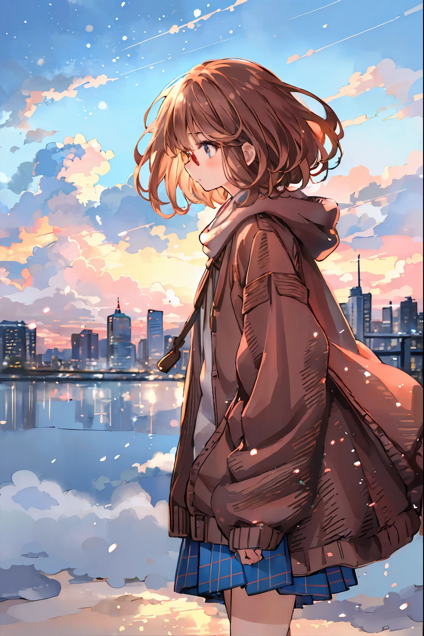 Winter clothes、Red coat、Bare legs、( top quality ,Masterpiece:1.3, Ultra-fine ),( very detailed, caustics,8k),( realistic :1.4,RAW shooting),18 years old, Japanese , cute, カメラを見て笑faceで ,( face :1.2),( faceクローズアップ :1.2),(Low position:1.3),( low angle:1.4), brown hair, Shortcut , slender beauty , messy hair,Cityscape, brown hair, Shortcut , Unkempt Hair ,Short braided hair,Neat, slender beautiful woman,Correct posture,Small chest, Beautiful Legs, Enchanting gray-blue eyes are shining like stars,Droopy eyes, bright color, beautiful eyes,繊細な笑face,Textured Skin, Best Quality at its Best , gentle and beautiful woman , anime style、