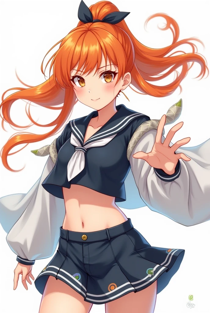 masterpiece, best quality, ultra-detailed, 1girl (namiop, Big and pretty breasts, , jewelry, earrings, dog collar, orange hair,long hair, brown eyes), a come-hither face, parted lips, makeup, glow lips, facing viewer, looking at viewer, solo, sailor, navel, pleats skirt, mini skirt, wanostyle, night time, in the classroom, standing, Sexy waist teasing, , from_below