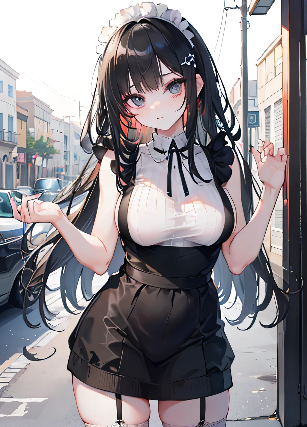 (( top quality)), (( masterpiece )), ( Details), Slender Woman、21 years old、Landmine Girl、 (( black hair、 long hair、large ribbon、
headband、
Valletta、
Braided Ribbons 、
pearl pins 、
Bijou Items 、
Cameo Motifs 、 white skin、 Mine Style Makeup 、 Mine Style Fashion 、 Slender Woman 、 dark eyes、 Sleeveless 、 black miniskirt 、 black garter belt 、 white apron 、 black stockings 、 slouch、 Standing and Posing in the City 、 cute pose 、 Audience 、 Girly Atmosphere )))、 Large hair ornament、 transparent bodystocking
see-through, bodystocking 、
Loose Fit T Shirts 、 Shirt Tags
sweaters
Asian beauty
beauty
Big Breath 、