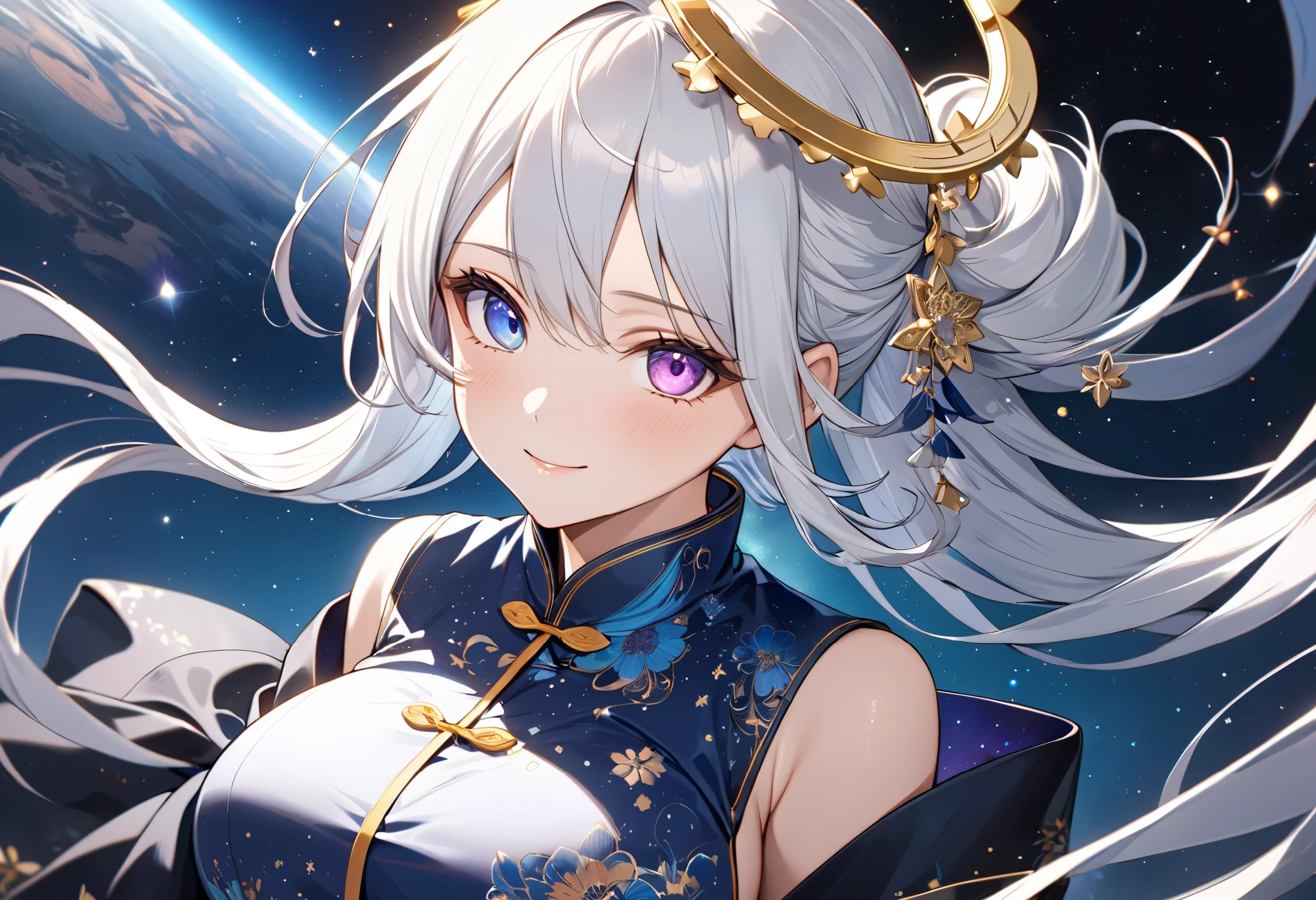 Fresh illustration,
Ultra-fine drawing,
Top quality,
Very delicate illustration,
Very fine details,
Beautiful charming anime woman,
Enchanting anime girl,
Super detailed,
Beautiful and sophisticated,
Illustration of a girl,
Full body,
Height 158cm,
Fair skin,
Right eye blue, left eye purple, complete heterochromia,
Large black pupil,
Beautiful eyes,
Super long hair,
Shiny hair,
Blue roots, white hair elsewhere,
Hair with gradient,
Protruding forehead,
Pretty and cute face,
Rich cheeks,
Small shiny halo floating on the back of the head,
Lowered eyebrows,
Smiling,
Upper body in kimono,
Overall white clothes,
Lower body in cheongsam,
Black obi,
Tasteful embroidery with gold thread,
Clothes with high-quality texture,
Narrow, sloping shoulders,
mega breasts,
isometric,
golden ratio,
divine atmosphere,
wearing an indigo-colored stand-up collared inner,
outer space,
multiple galaxies,
countless small stars,
tactical use of shadows,
hair and halo on head do not extend beyond the frame,
clothes do not extend beyond the frame,
bust shot,