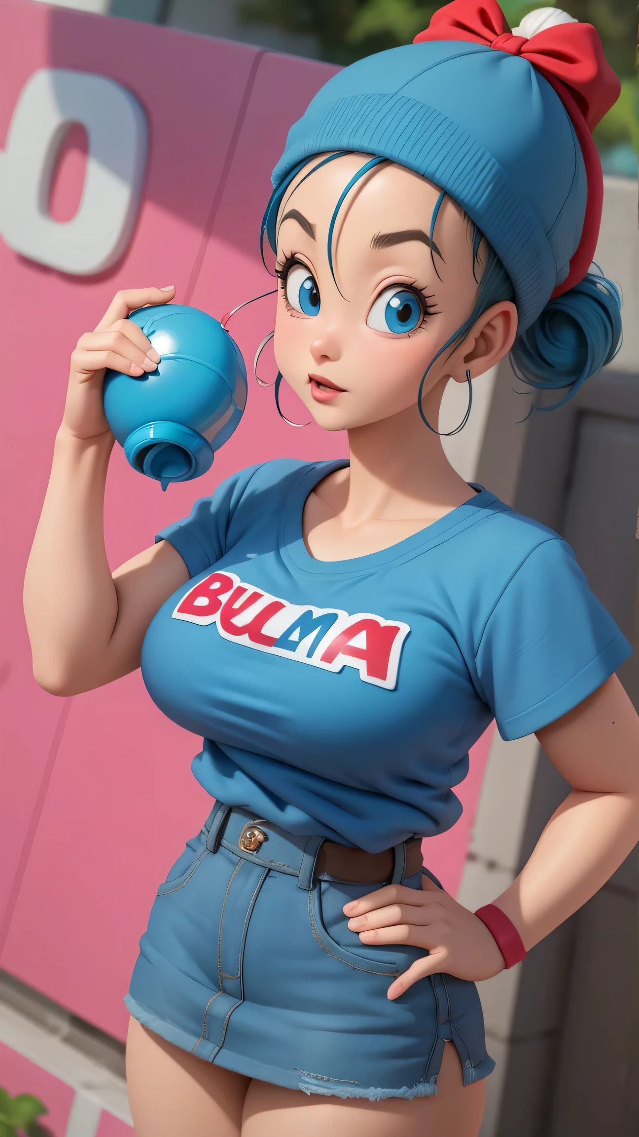 Bulma from dragon ball, Big breasts, 1 girl, wearing a cap ((25 years old girl)) beautiful eyes, has an extremely sexy body, with full breasts and thin waist, and an extremely sexy body, in the HIP HOP style short denim jacket medium skirt delicate fabric, has a bold appearance. young, quality, realistic, best quality, cute expression, blue lipstick lips, separated lips, tilted, graffiti wall,