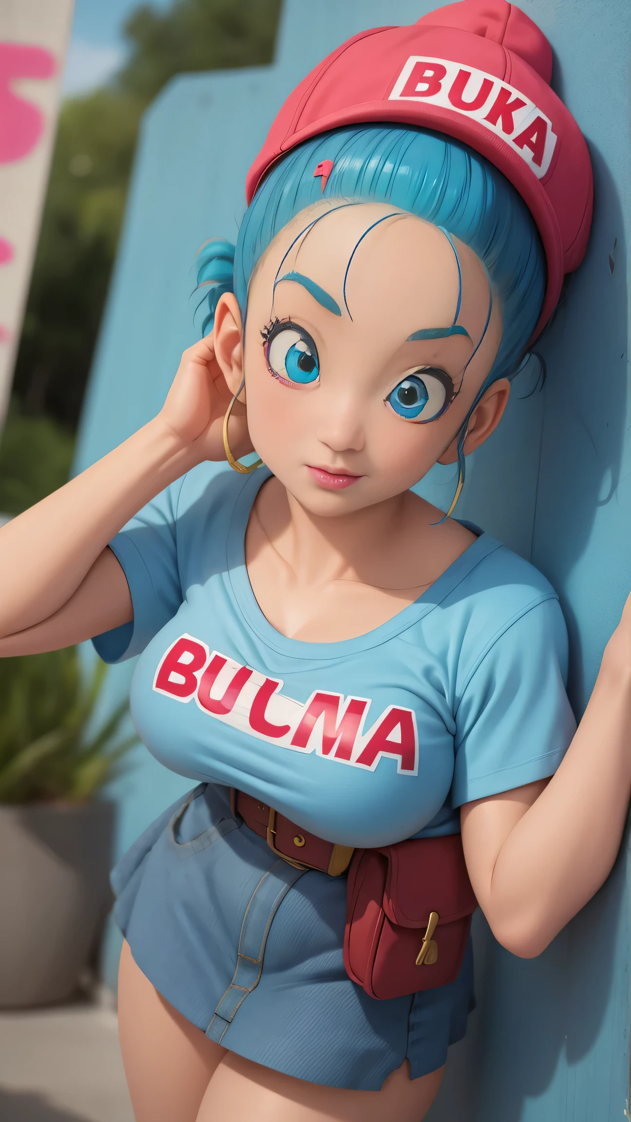 Bulma from dragon ball, Big breasts, 1 girl, wearing a cap ((25 years old girl)) beautiful eyes, has an extremely sexy body, with full breasts and thin waist, and an extremely sexy body, in the HIP HOP style short denim jacket medium skirt delicate fabric, has a bold appearance. young, quality, realistic, best quality, cute expression, blue lipstick lips, separated lips, tilted, graffiti wall,