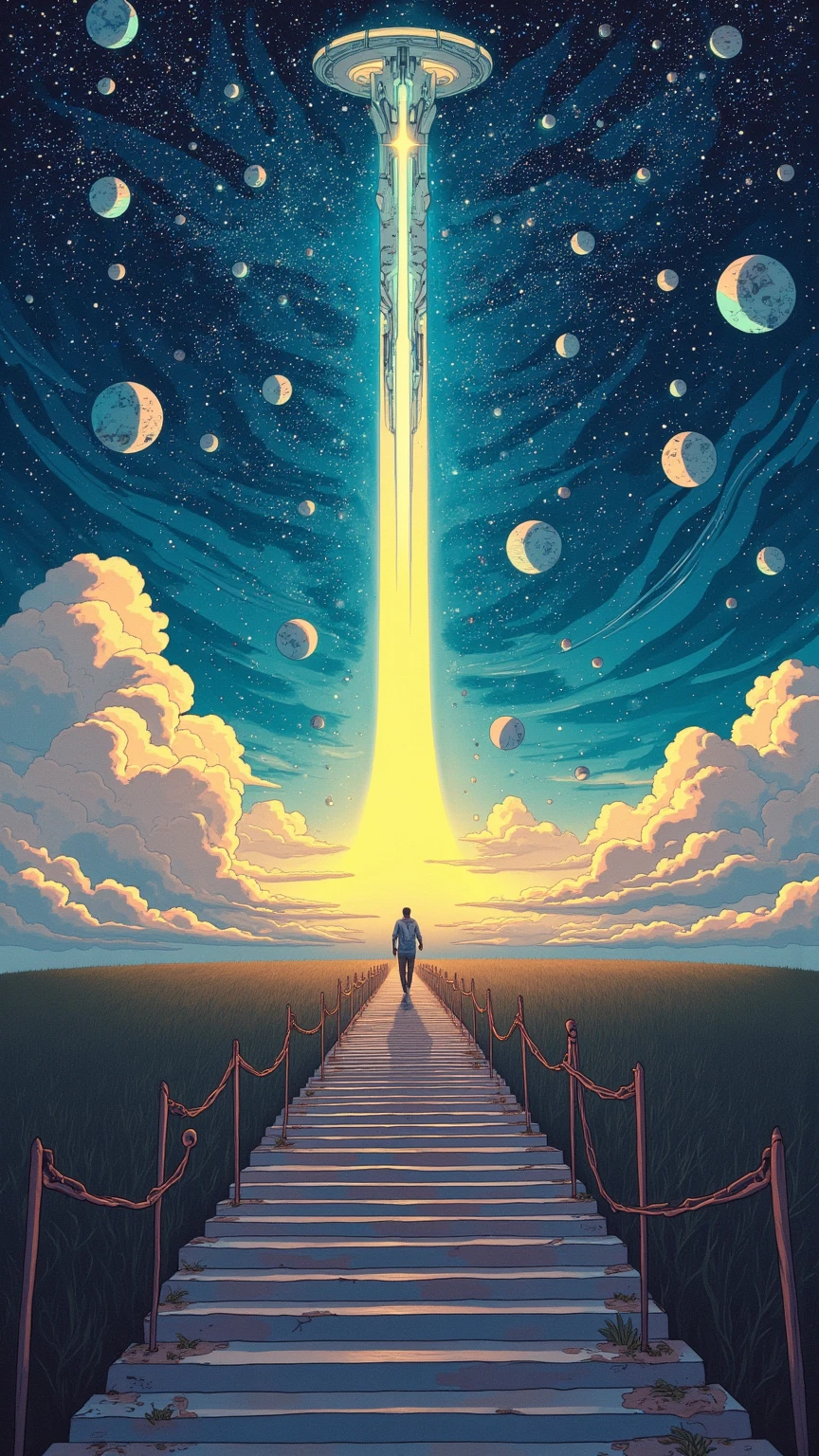 Painting of a staircase leading to a starry sky ,  Joffra Boschart depicting a man running through a field with many planets ,  CG Society Contest Winner , Space Art, Ancient Sci-fi Art ,  rising universe , Decorative Spaceship Paintings ,  future city star gate , Ancient futuristic ,  Greg Beeple , Cosmic architecture ,  mid-journey multiverse 