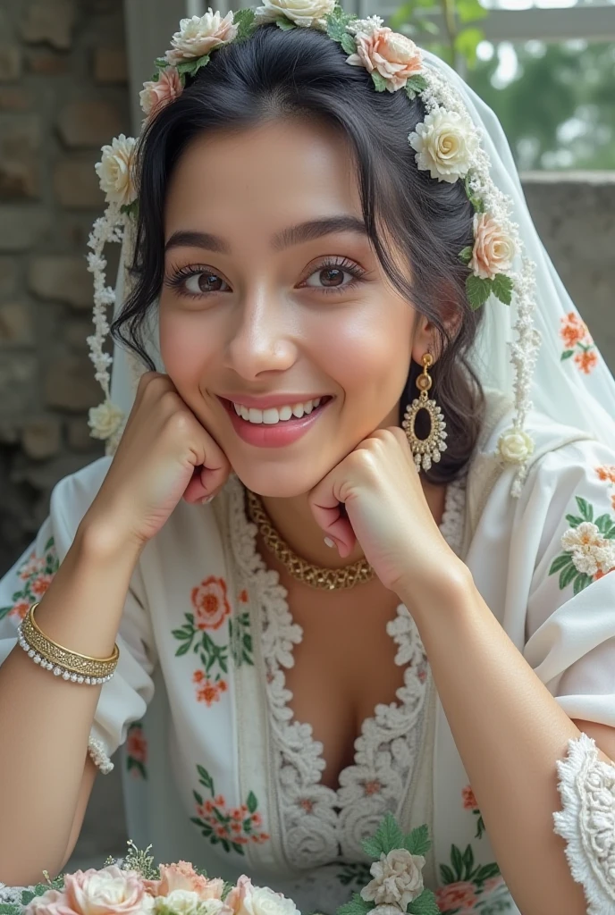 from top view, selfie, extreme close up photo of beautiful French 18 year old, hourglass figure, swooping breasts, sexy armpits, seducing in bed, French braid hair, necklace, sultry, look at viewer and smile, white see through lace nightdress, (cinematic:1.3), intricate details, (ArtStation:1.2)
